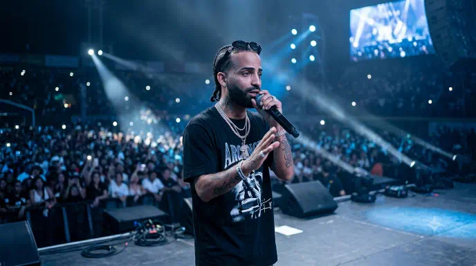 Arcángel canta con un micrófono en la mano, vestido de blanco y con cadenas doradas frente a un fondo oscuro.