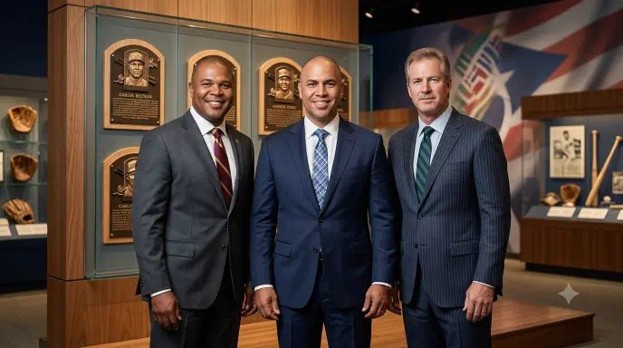 Carlos Beltrán, Andruw Jones y Jeff Kent aparecen junto a placas doradas en un escenario inspirado en Cooperstown.