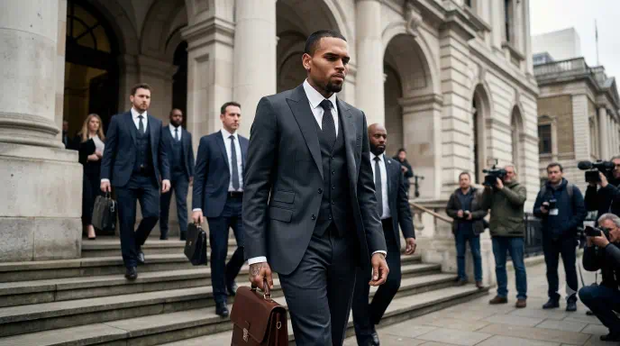 Chris Brown camina fuera del tribunal vestido con traje beige, gafas oscuras y una gorra, acompañado por varias personas.