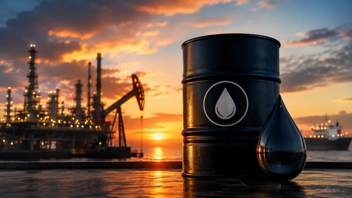 Ilustración editorial de barril petrolero frente a refinería y bomba extractora al atardecer