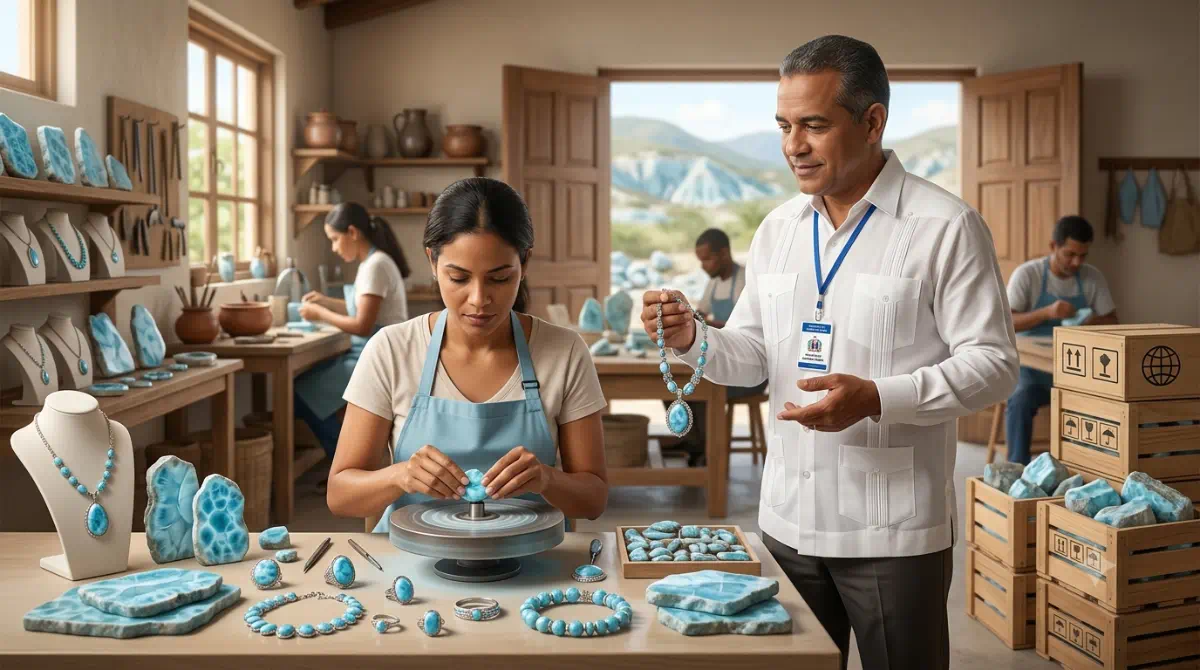 Piedras de larimar en distintos tamaños y tonos azules colocadas sobre una superficie para su exhibición.
