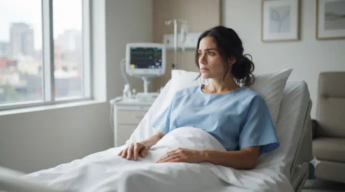 Una mujer permanece recostada en una cama hospitalaria mientras un familiar la acompaña dentro de una habitación clínica.