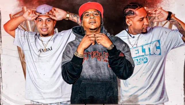 Tres artistas urbanos posan juntos en una composición promocional de «El Seteo» con diseño gráfico de Medio De Voz.